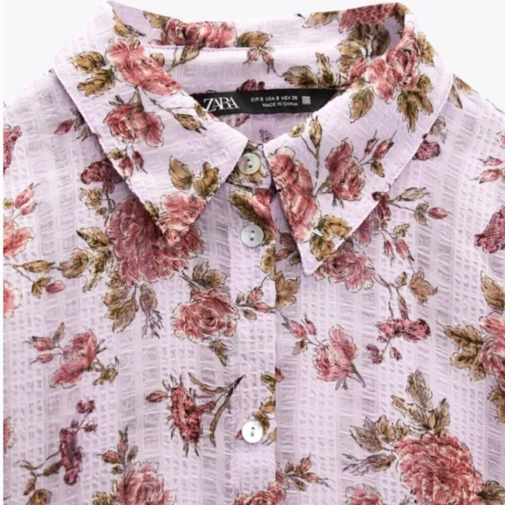 Zara Floral Print Button-Up Blouse with Balloon Sleeves, Size SMALL NWT - Picture 6 of 8